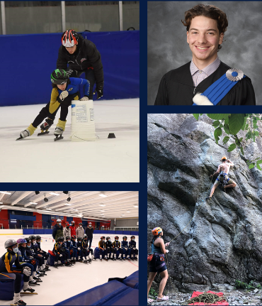 Quatre photos de Samuel : en entraînement de patinage de vitesse, devant un groupe de jeunes patineurs, en toge de diplômé et en escalade.